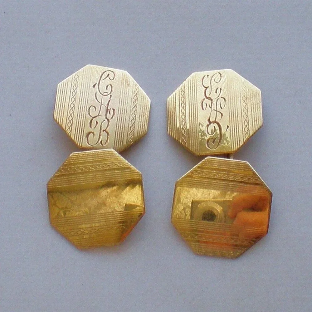 Beautiful Antique Art Deco Solid 14K Yellow Gold Hexagon Cufflinks 14kt
